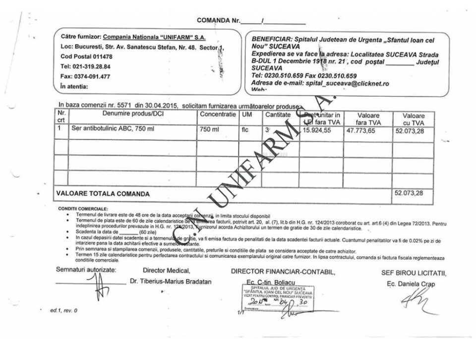 Scandalul plății serului antibotulinic la Spitalul de Urgență Suceava, elucidat cu documente