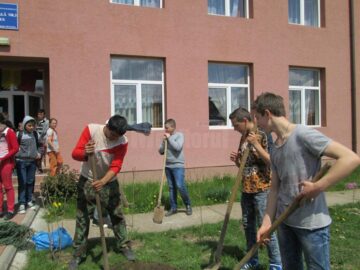 Peste 60 de elevi și adulți au participat la amenajarea spațiului verde din fața unei școli din Vicovu de Sus