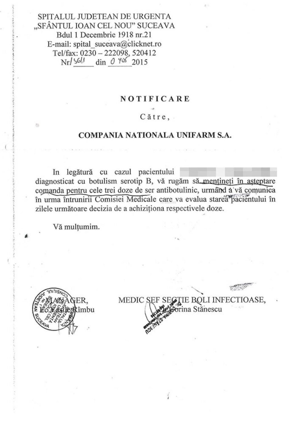 Scandalul plății serului antibotulinic la Spitalul de Urgență Suceava, elucidat cu documente