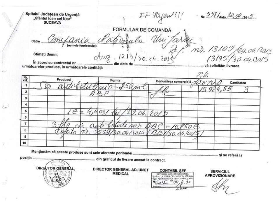 Formularul de comandă pentru serul antibotulinic către Unifarm SA Comanda către SC Unifarm SA Formularul de comandă pentru serul antibotulinic către Unifarm SA Comanda către SC Unifarm SA