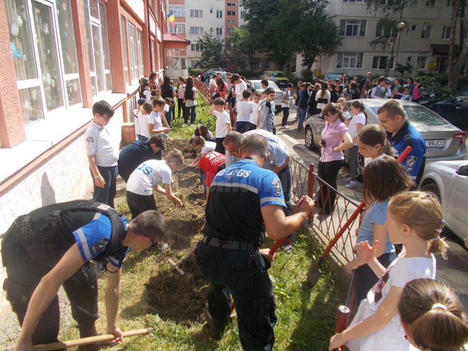 Elevii Școlii Gimnaziale Nr. 4 Suceava au plantat flori în curtea unității