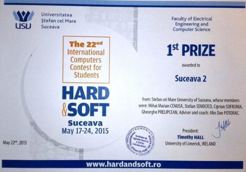 Premiul I pentru un echipaj al Universității Suceava, la Concursul Internațional „Hard & Soft”