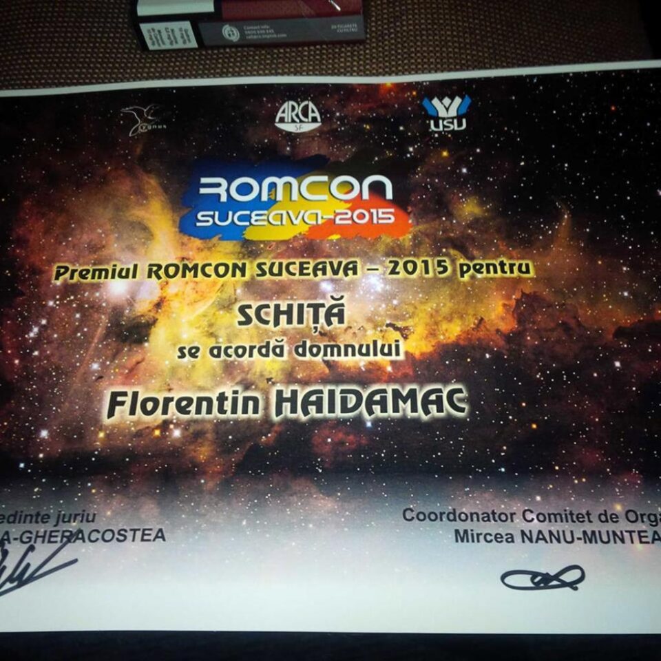 Doctorul scriitor Florin Haidamac este câștigătorul premiului RomCon Suceava 2015 la categoria ”Schiță”