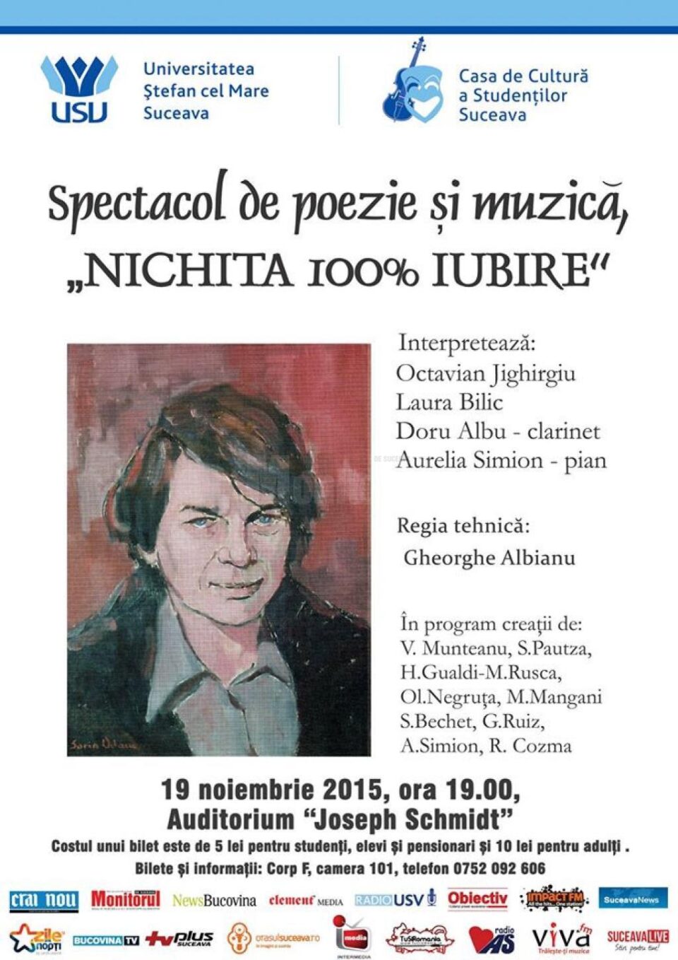 Spectacol de poezie și muzică „Nichita 100% iubire”, astăzi, la USV