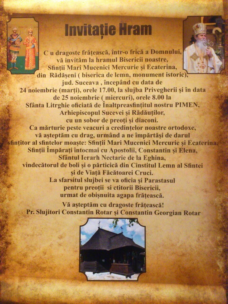 Hramul celei mai bine restaurate biserici de lemn din România, Biserica Sfinților Mari Mucenici Mercurie și Ecaterina