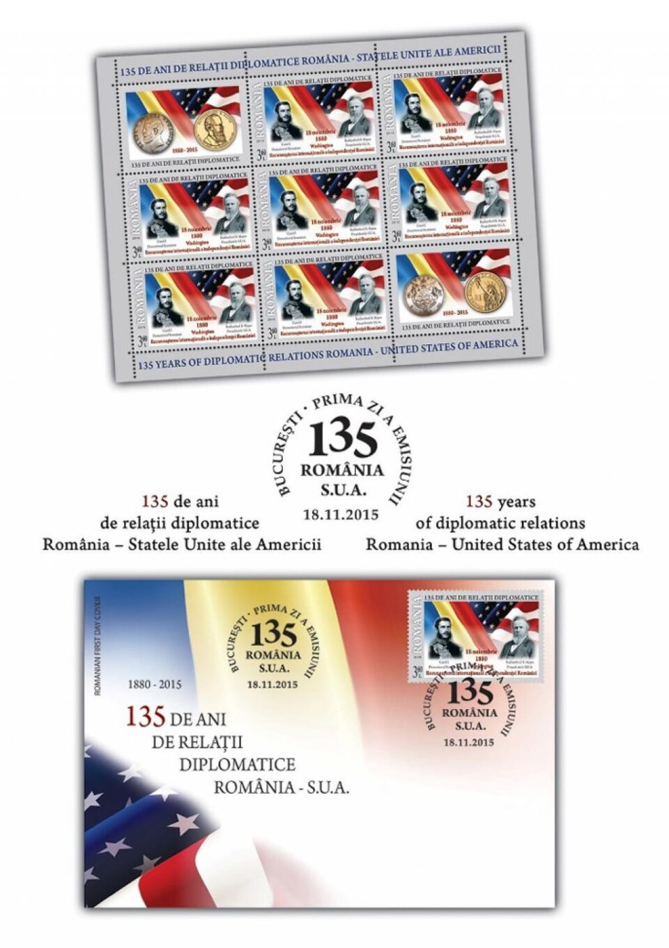 Emisiunea de mărci poștale „135 de ani de relații diplomatice România - Statele Unite ale Americii”