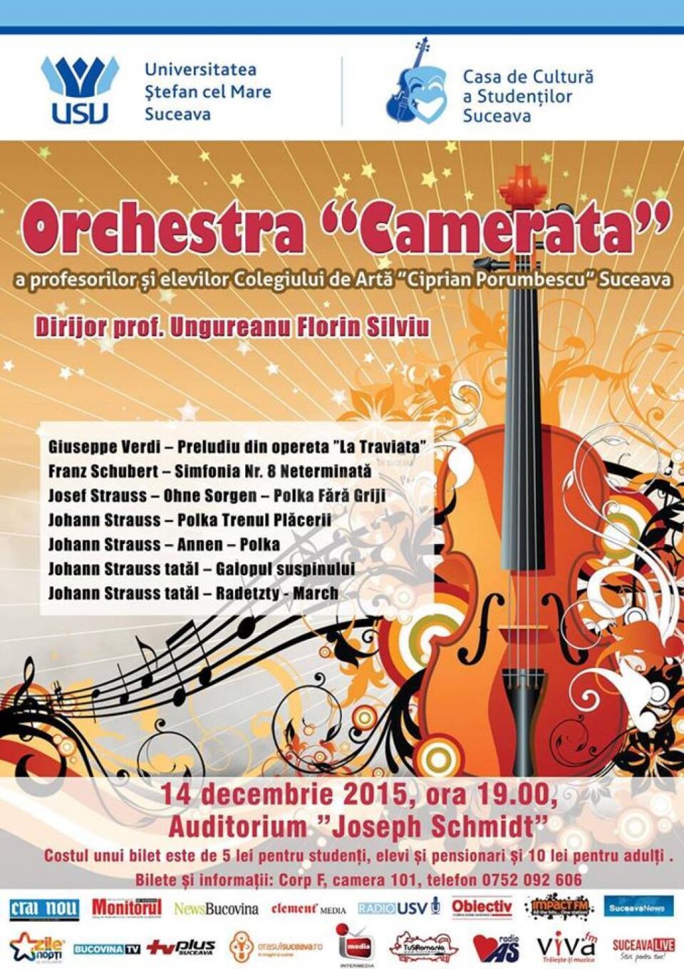 Orchestra „Camerata” a Colegiului de Artă Suceava, pe scena Universității „Ștefan cel Mare”
