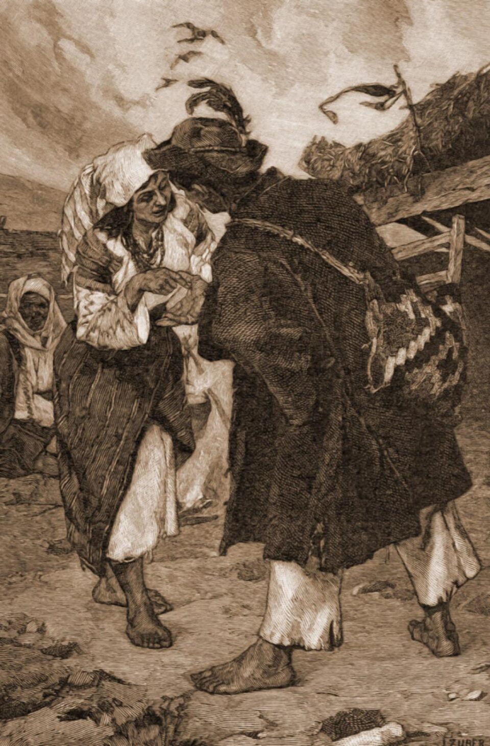 Țigancă, ghicind în palmă – desen de Julius Zalaty Zuber (1867-1918)