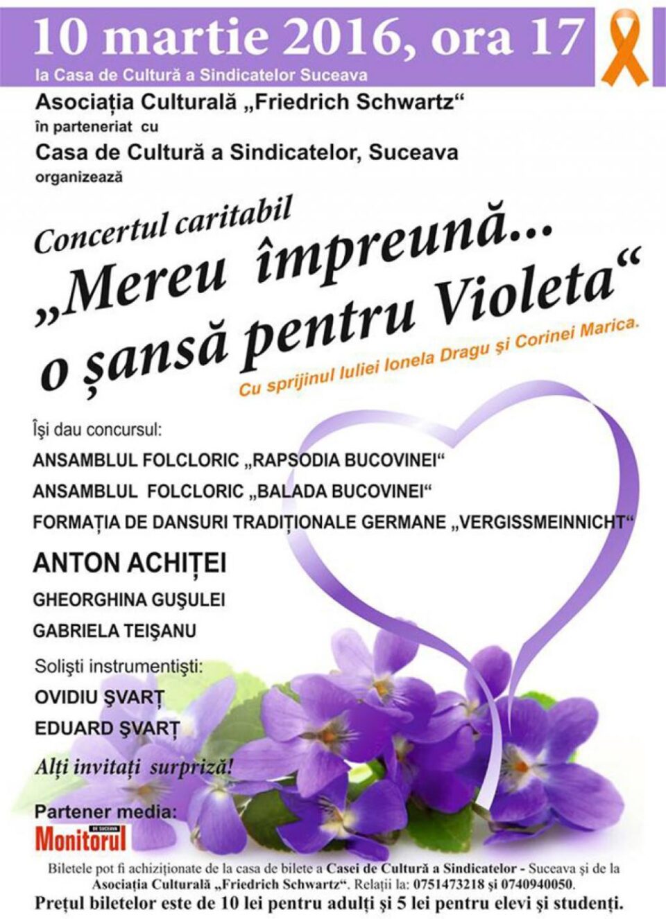 „Mereu împreună... o șansă pentru Violeta”, concert caritabil, pe scena Casei de Cultură Suceava