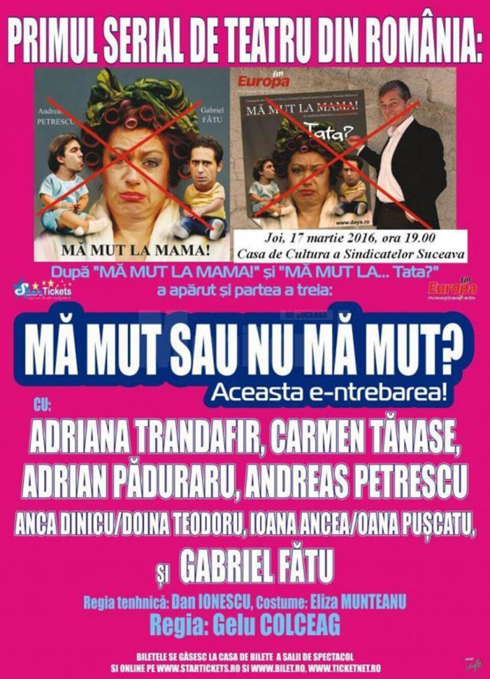 Adrian Păduraru, Adriana Trandafir, Carmen Tănase, în spectacolul „Mă mut sau nu mă mut? Aceasta e-ntrebarea!” Adrian Păduraru, Adriana Trandafir, Carmen Tănase, în spectacolul „Mă mut sau nu mă mut? Aceasta e-ntrebarea!”