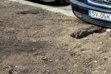 În fața Prefecturii Suceava, un șofer a încălecat spațiul verde, deși avea suficient spațiu de parcare