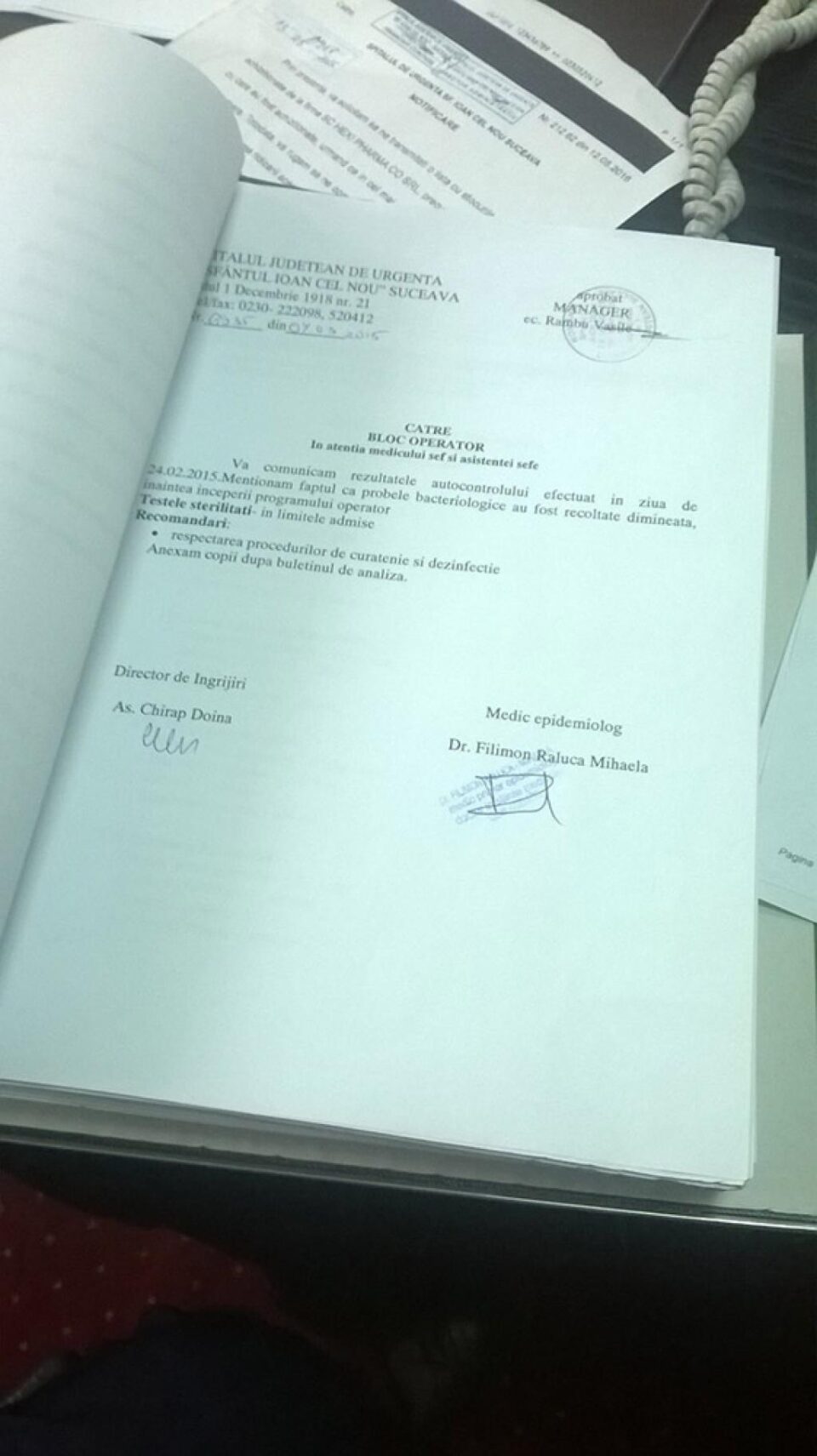 Rezultate ale testelor de sanitație din blocul operator