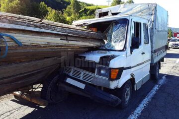 Șoferul a frânat prea târziu și autoutilitara a intrat în plin în căruța plină cu lemne