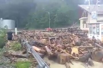 Baza pârtiei Șoimul din complexul Ariniș a fost acoperită de bușteni de mari dimensiuni, aduși de apele crescute ale râului Moldova