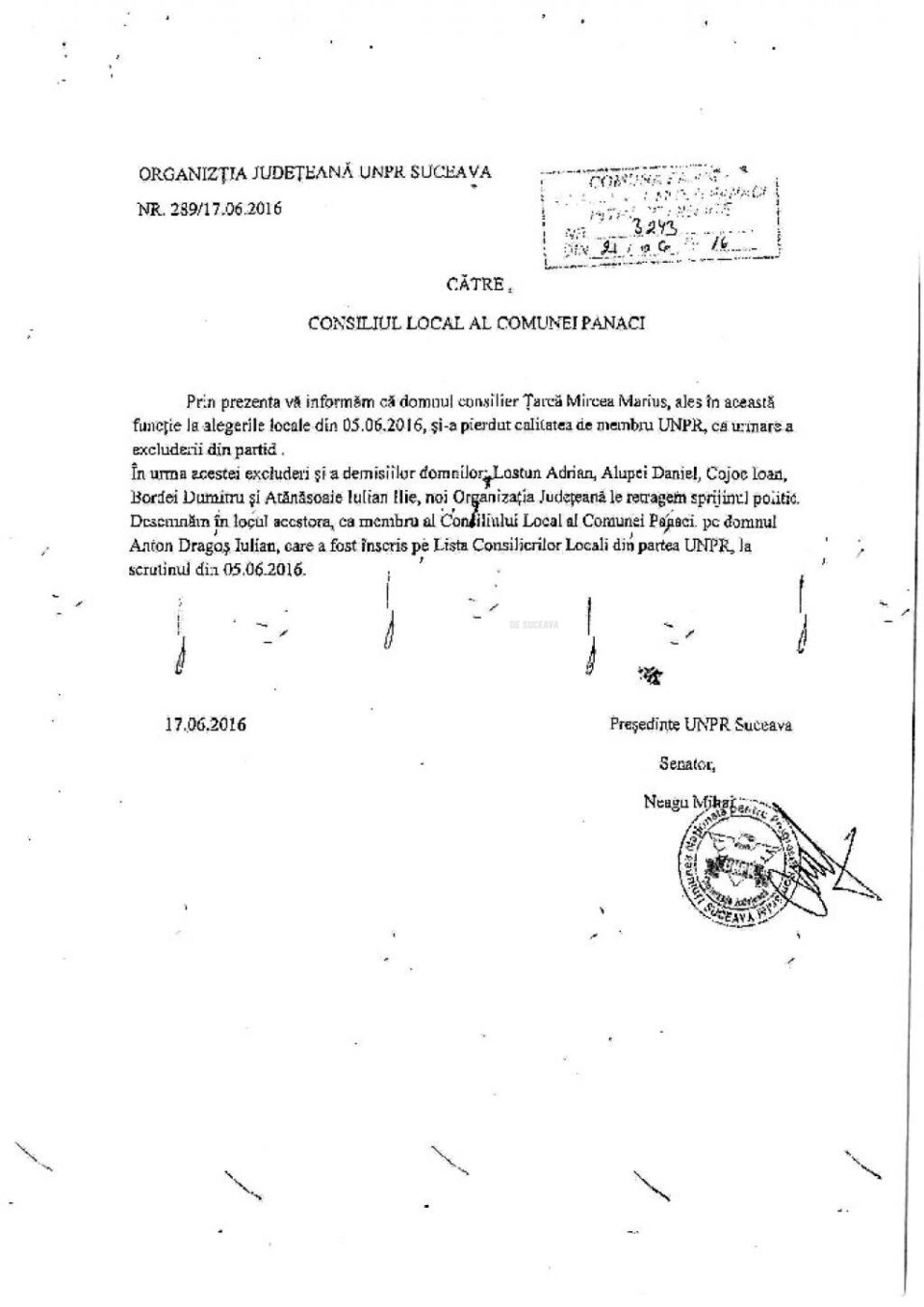 Adresa senatorului Neagu referitoare la excluderea lui Țarcă