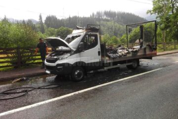 Autoutilitara a fost cuprinsă de flăcări, întreaga încărcătură de pui pierind în incendiu