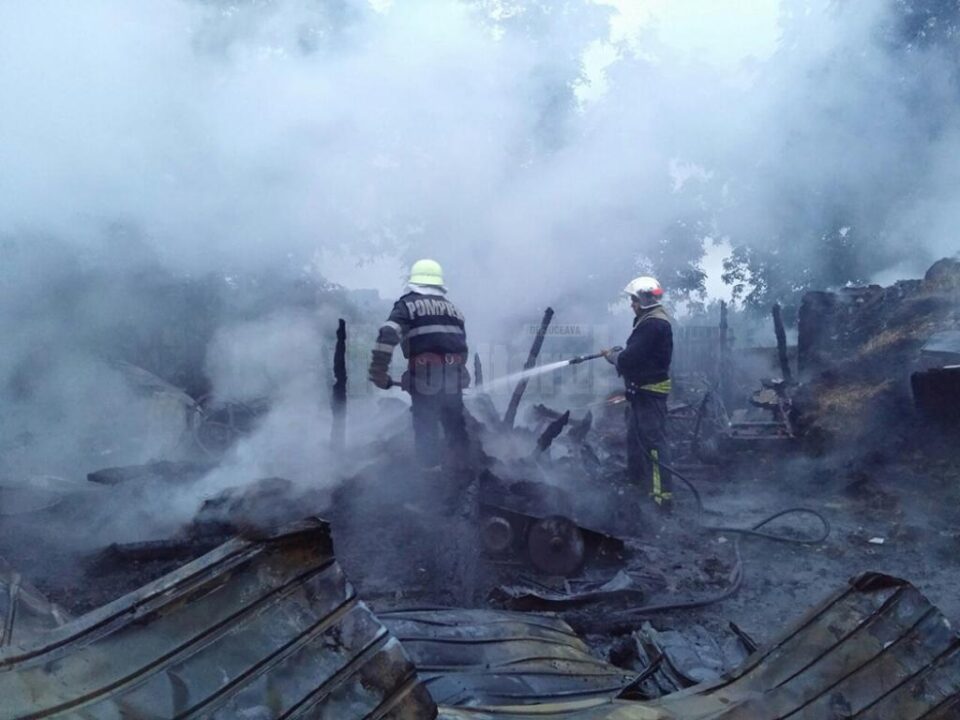 În urma incendiului a rămas o curte plină de lucruri distruse și animale moarte