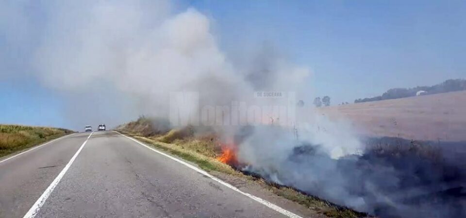 Un incendiu de vegetație a pârjolit câteva hectare cu paie, punând în pericol circulația pe DN 2