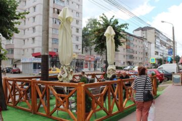 Terasa a acoperit complet spațiul din jurul teilor de pe bd. George Enescu, care au început să se usuce