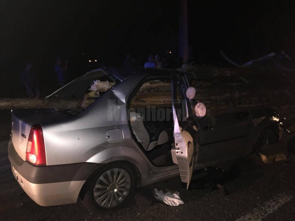 Mașina străpunsă de lemnele din căruță