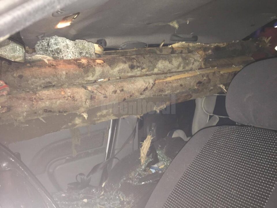 Mașina străpunsă de lemnele din căruță