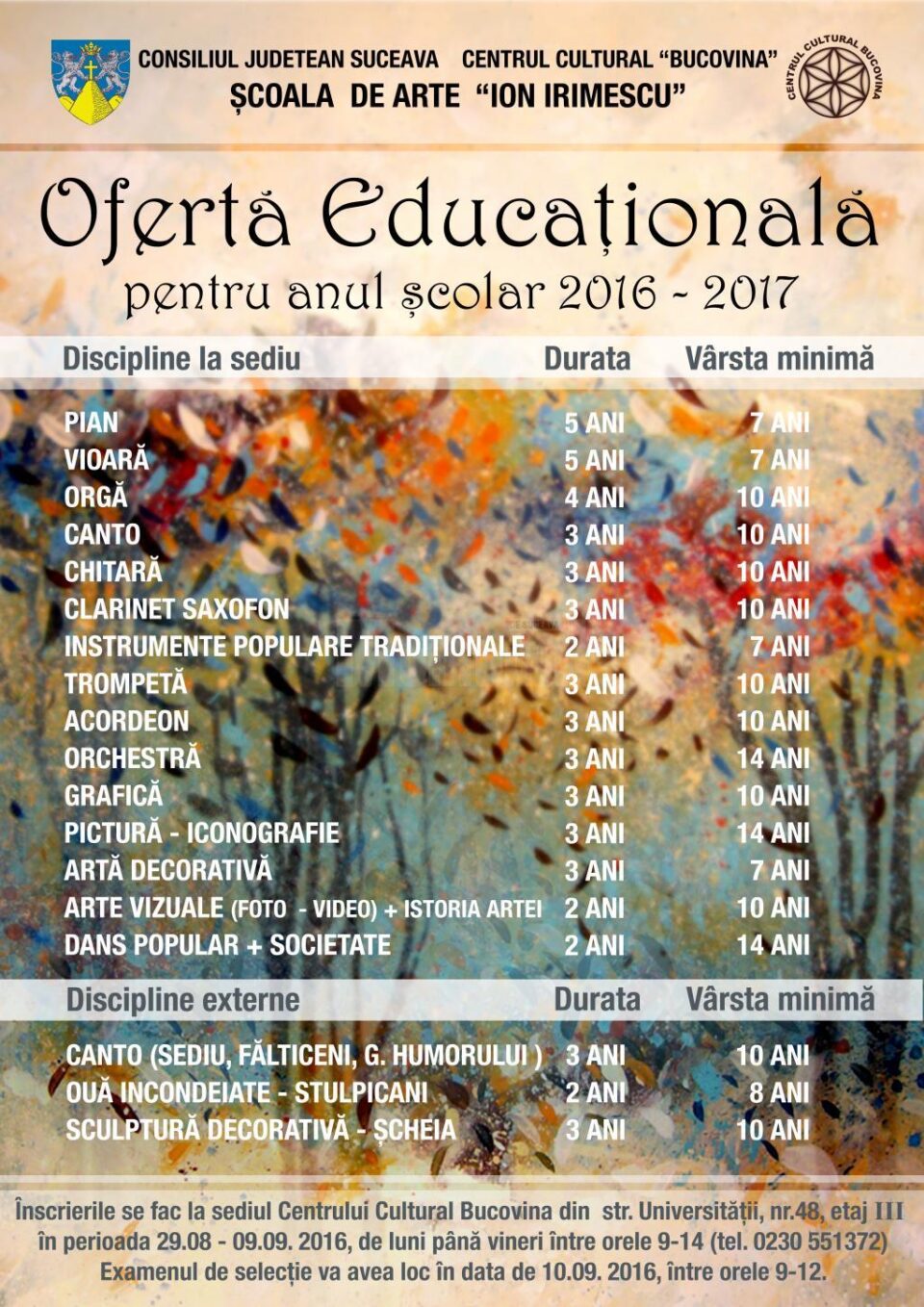 Oferta educațională a Școlii de Arte „Ion Irimescu” Suceava