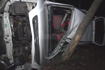 În urma impactului cu stâlpul din beton, autoturismul s-a oprit într-un copac de pe marginea drumului
