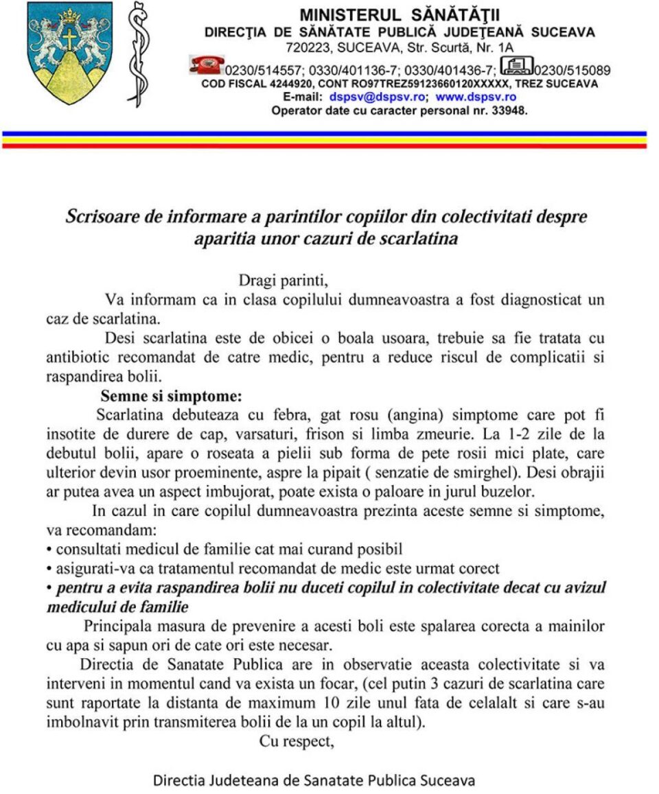 DSP a început să trimită scrisori părinților, în care îi informează că în clasa copilului lor a fost diagnosticată scarlatina DSP a început să trimită scrisori părinților, în care îi informează că în clasa copilului lor a fost diagnosticată scarlatina