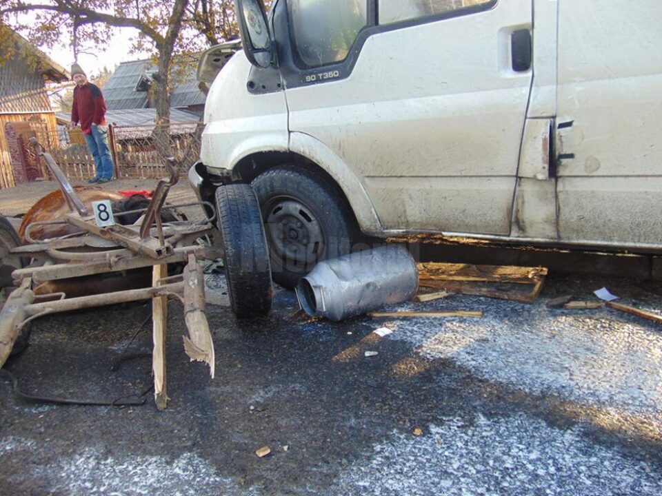 În urma impactului căruța a fost distrusă, iar cei trei bărbați aflați în atelaj și alături au ajuns la spital