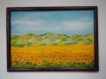„Floarea soarelui la marginea Sucevei” (53x38), înrămat, autor Ioan Bodnar, preț 100 de dolari