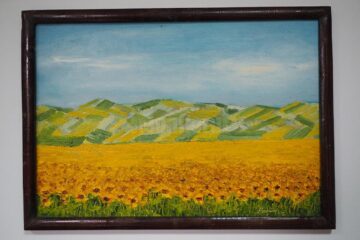 „Floarea soarelui la marginea Sucevei” (53x38), înrămat, autor Ioan Bodnar, preț 100 de dolari