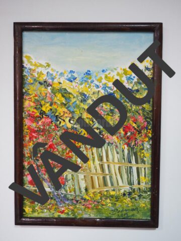 „Flori dincolo de gard” (53x38) înrămat, autor Ioan Bodnar, preț 100 de dolari