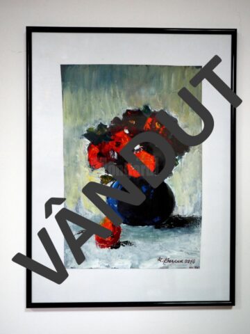 „Maci în vază” (40x31), tempera, înrămat, autor Radu Bercea, preț 50 de euro