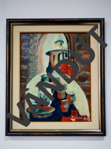 „Taina Mănăstirii” (30x25), tempera, înrămat, autor Pușa Pîslaru, preț 50 de euro