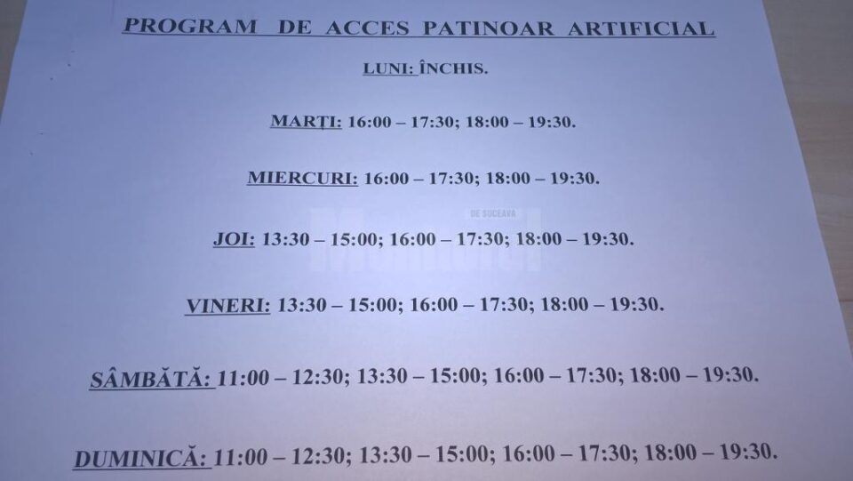 Program functionare Patinoar Areni