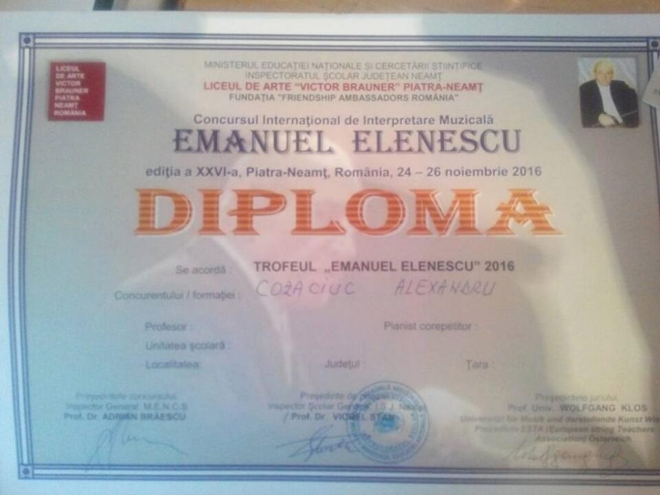 Alexandru Cozaciuc a câștigat marele premiu al Concursului Internațional de Interpretare Muzicală și Coregrafie „Emanuel Elenescu”