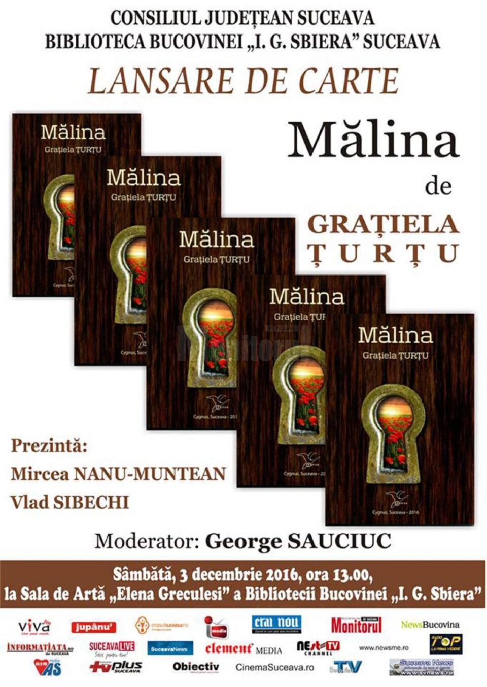 Grațiela Țurțu lansează romanul „Mălina” la Biblioteca Bucovinei