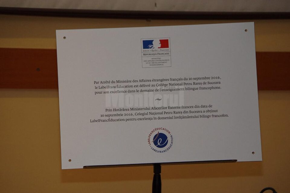 Colegiul „Petru Rareș” a primit certificatul „Label France Education” din partea Ministerului Afacerilor Externe din Franța