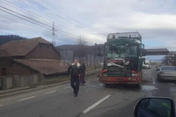 Vehiculul greu care transporta lemn a fost avariat serios în urma impactului față-spate
