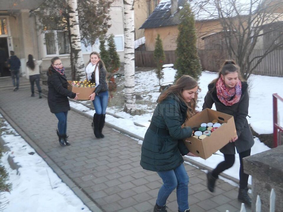 Însoțiți de câțiva profesori, elevii din Moldovița le-au dus bătrânilor pachete cu alimente, produse de igienă, medicamente