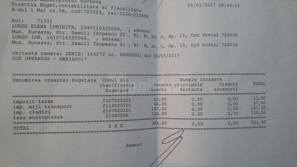 Chitanta cu nr. 1 la plata taxelor si impozitelor locale