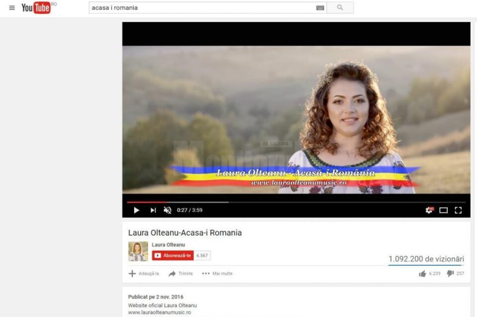 Videoclipul melodiei „Acasă-i România”, al Laurei Olteanu, are peste un milion de vizualizări pe YouTube
