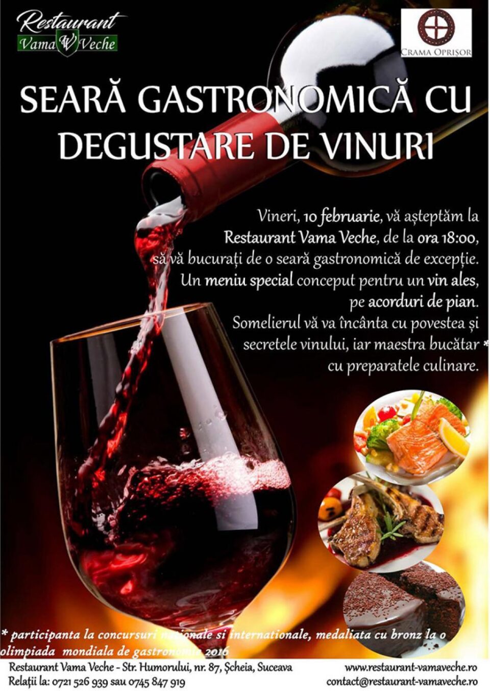 Seară gastronomică cu degustare de vinuri, la restaurantul Vama Veche din Șcheia