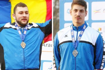 Andrei Gag (stânga) și Alin Firfirică au câștigat aur, respectiv argint pentru universitarii suceveni în proba de aruncare a greutății
