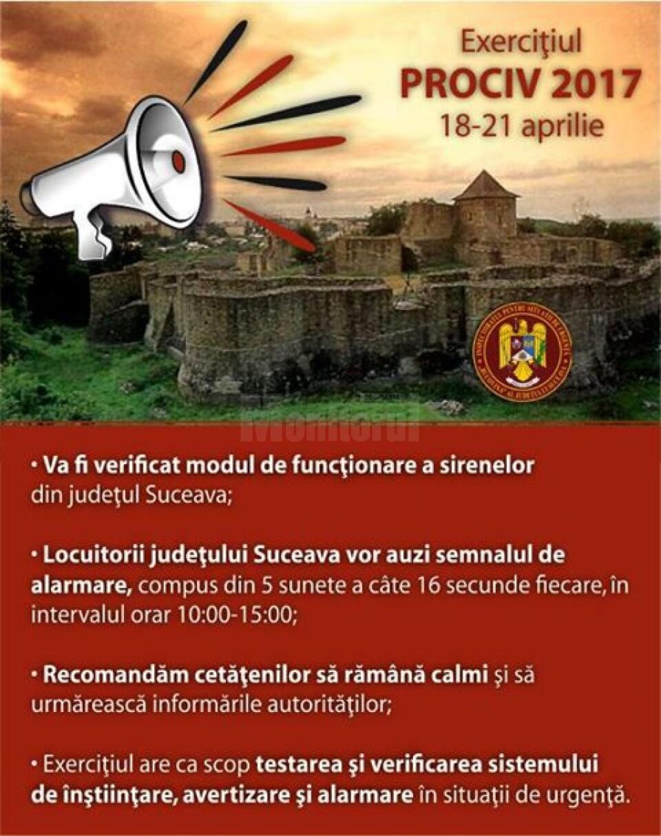 Sirenele care anunță situațiile de urgență vor fi testate în perioada 18-21 aprilie