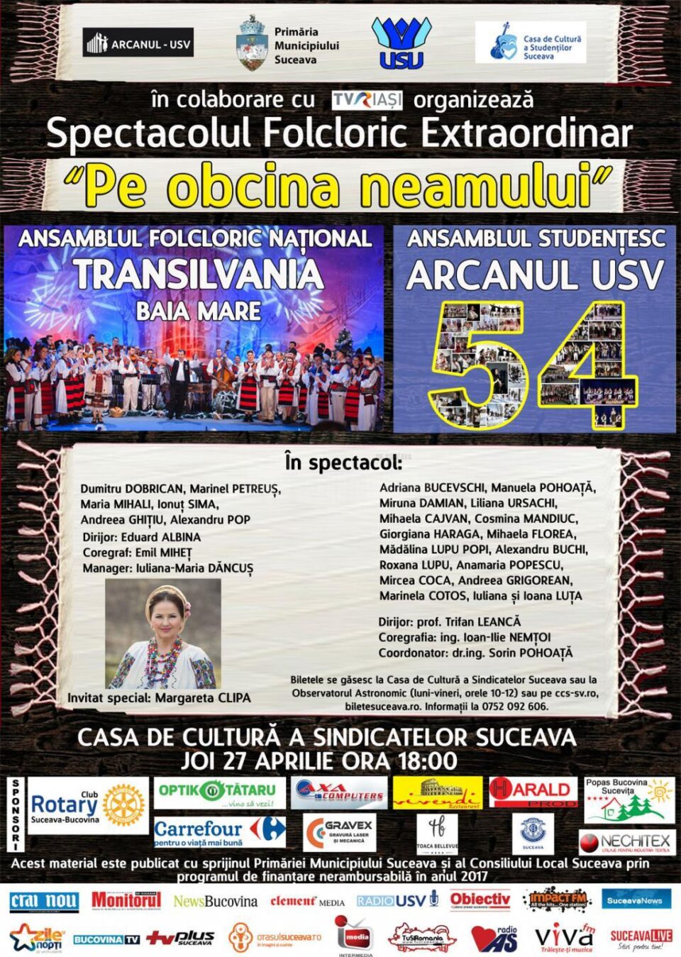 Spectacol folcloric ”Pe obcina neamului”, joi, pe scena Casei de Cultură Suceava