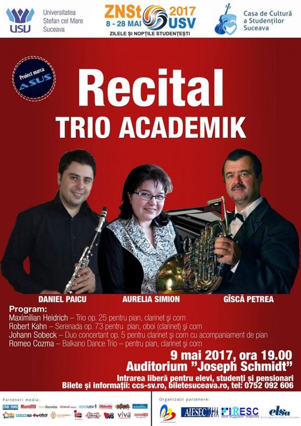 Recital cu Trio „Academik”, astăzi, pe scena Auditoriului „Joseph Schmidt”