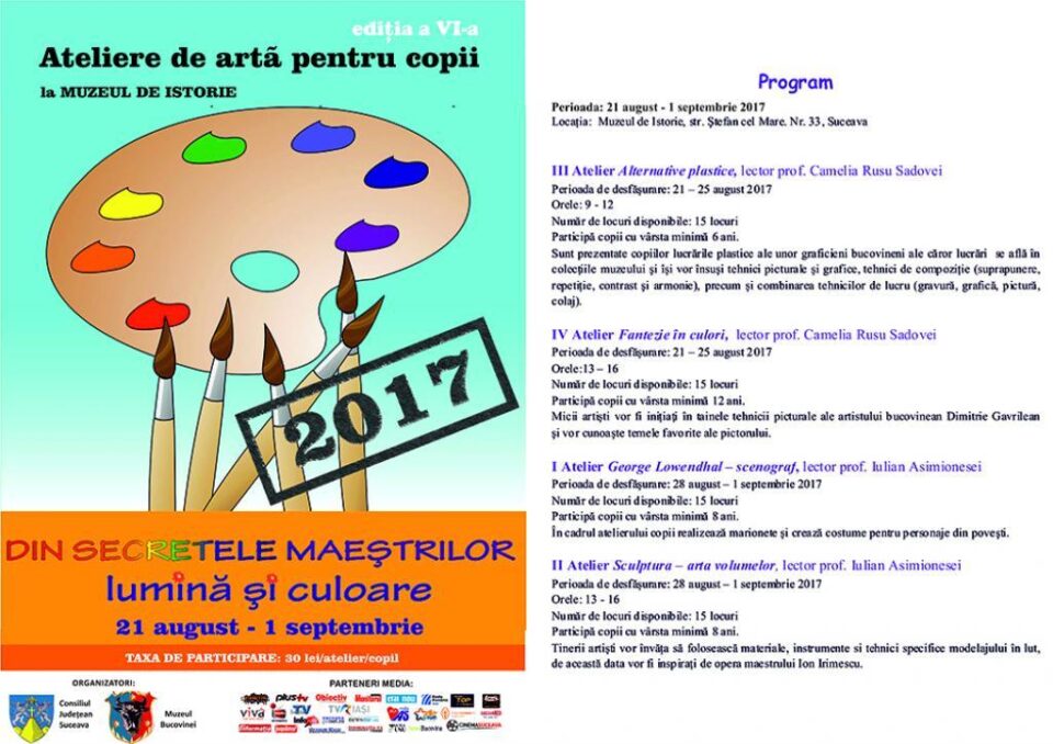 Au mai rămas două săptămâni pentru înscrieri la atelierele de artă pentru copii organizate la Muzeul de Istorie Au mai rămas două săptămâni pentru înscrieri la atelierele de artă pentru copii organizate la Muzeul de Istorie