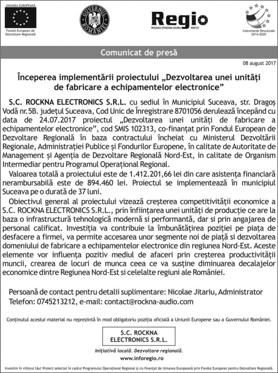 Începerea implementării proiectului „Dezvoltarea unei unități de fabricare a echipamentelor electronice”