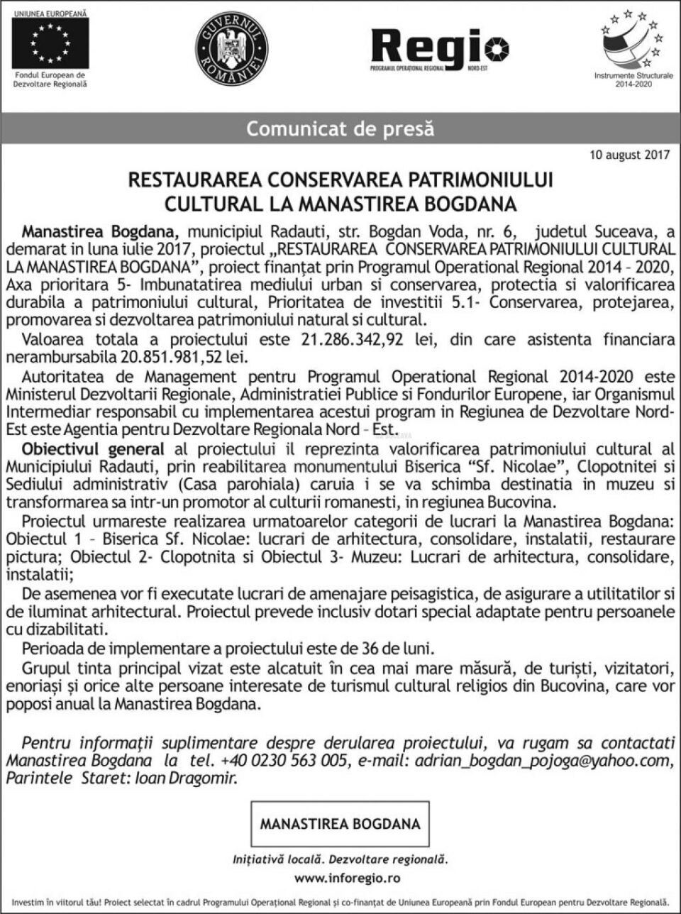 RESTAURAREA CONSERVAREA PATRIMONIULUI CULTURAL LA MANASTIREA BOGDANA